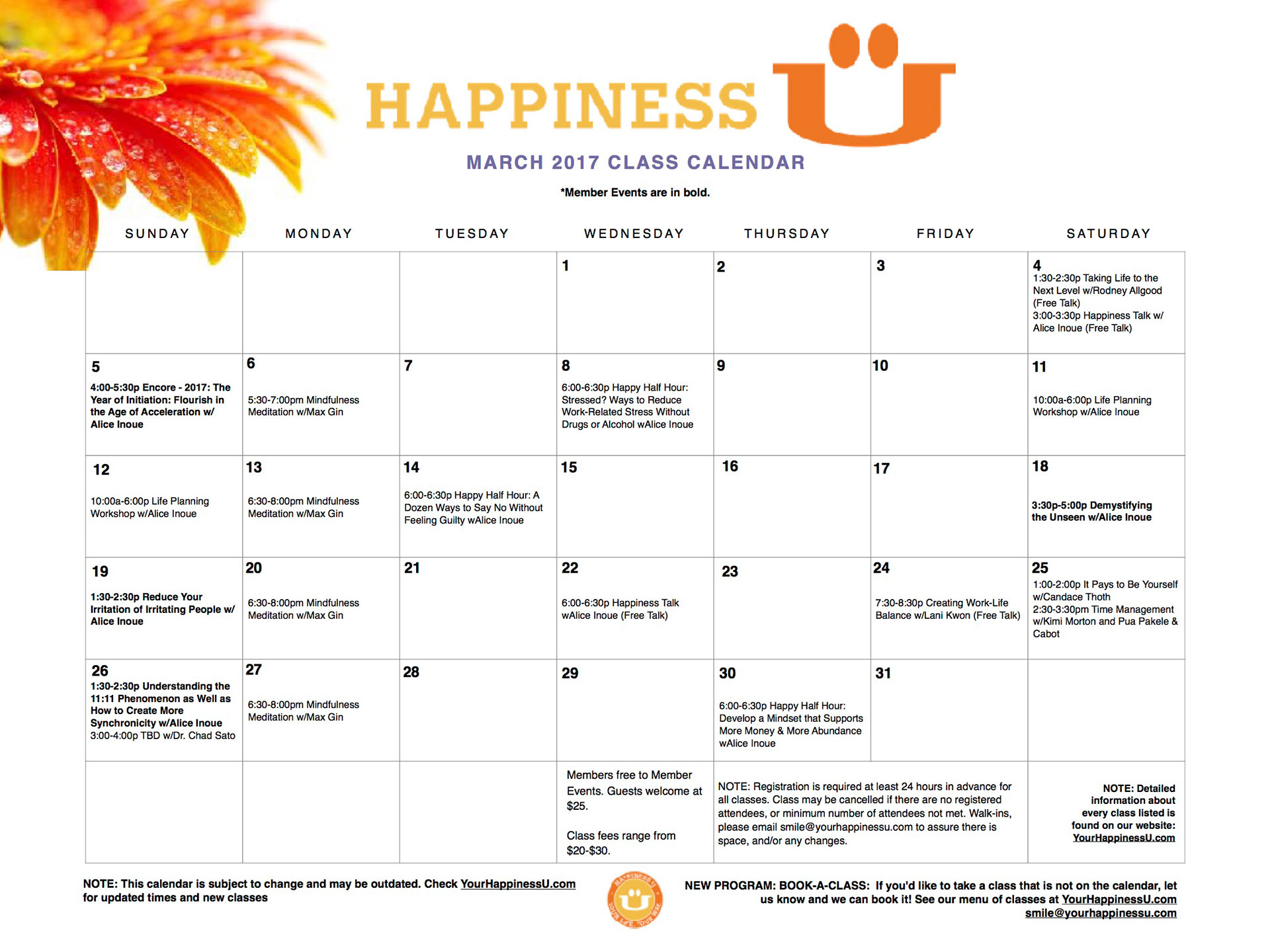 happiness u class schedule march 2017